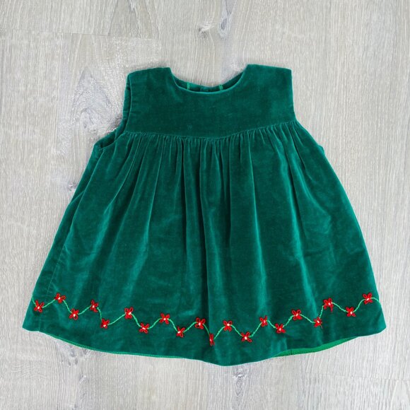 Vintage Baby Girls Green Velvet Flower Embroidered Sleeveless Swing Dress 12m - Picture 10 of 10